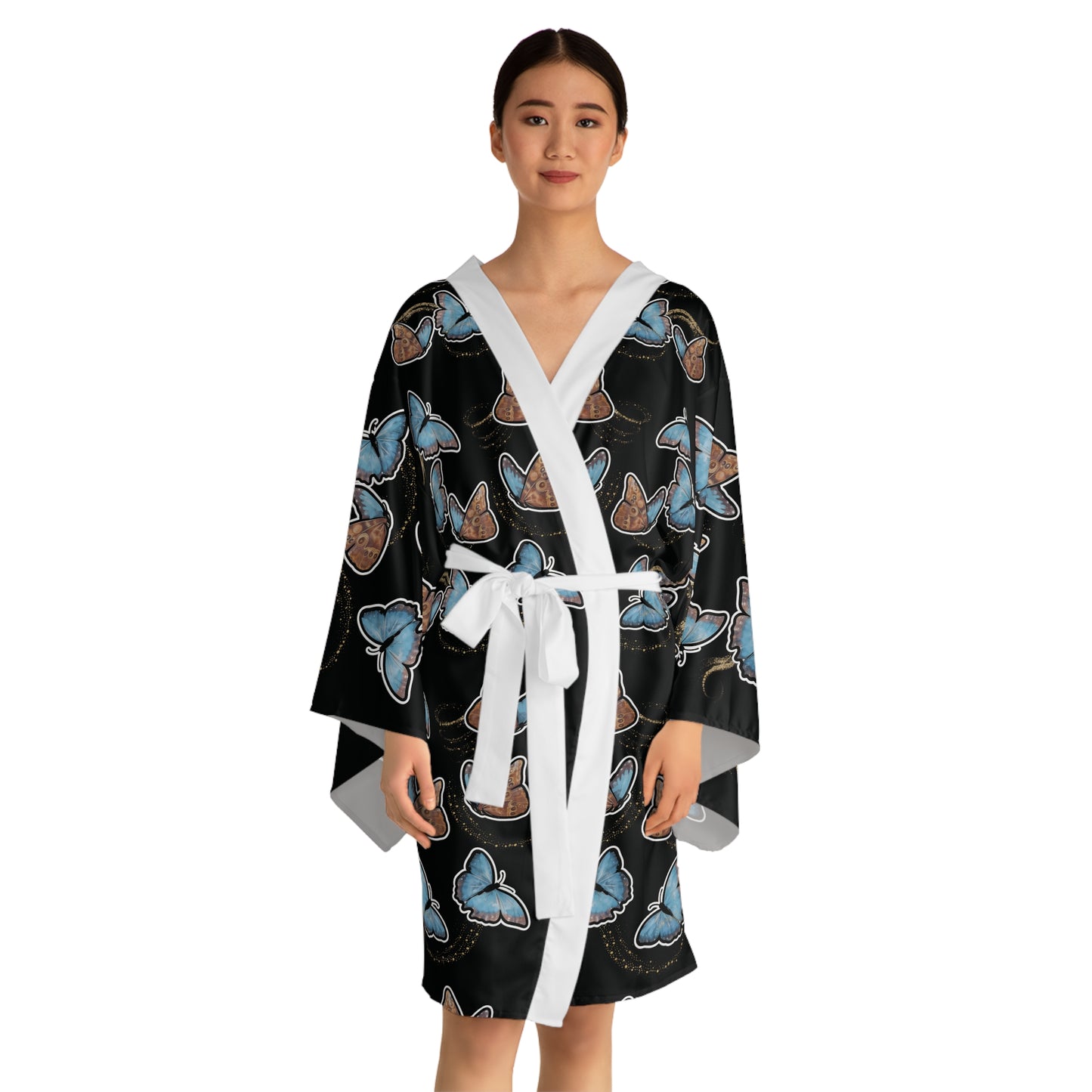 Blue Morphis Butterfly Kimono Robe — Silky Long-Sleeve Lounge & Party Wrap