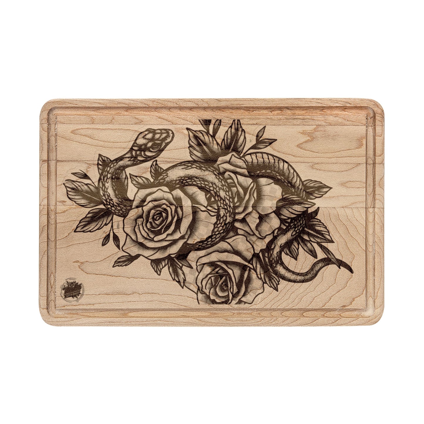 Snake & Roses Engraved Wooden Cutting Board — Decorative Paddle & Rectangular Serving Board