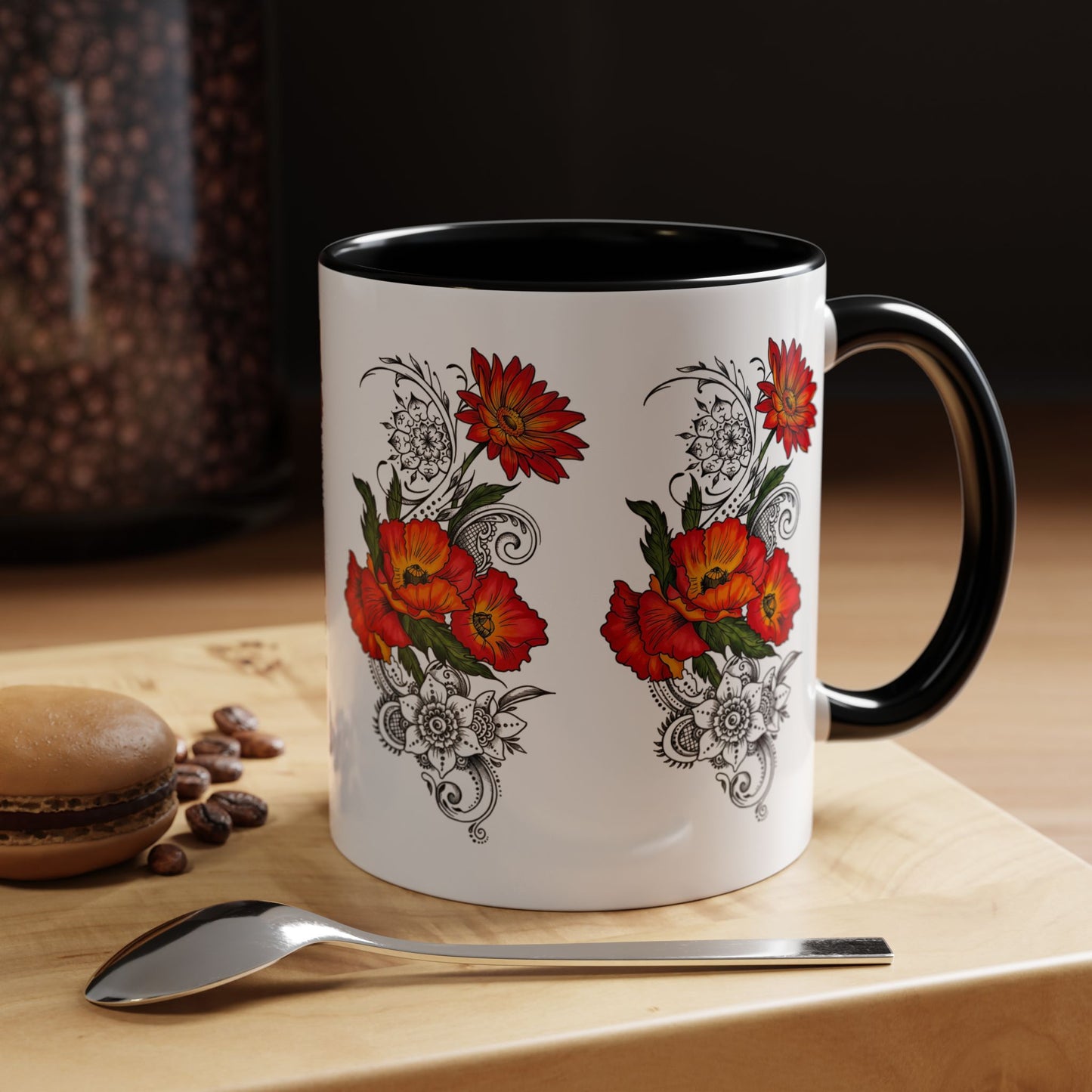 Orange & Red Poppy Flowers Original Tattoo Artwork - Coffee Mug (11oz & 15oz) Your choice of Interior & Handle choices