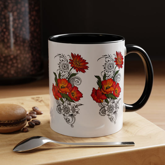 Orange & Red Poppy Flowers Original Tattoo Artwork - Coffee Mug (11oz & 15oz) Your choice of Interior & Handle choices