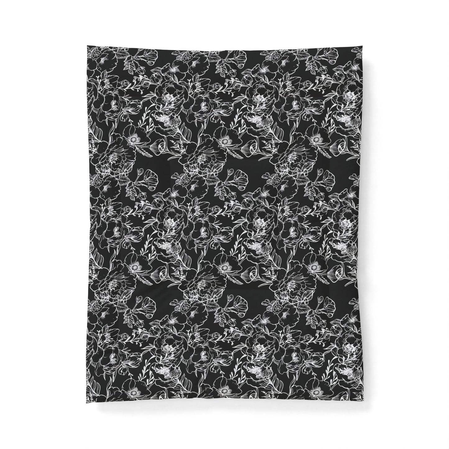 Peonies Tattoo Artwork (White) - on Black Cotton Comforter — Soft White Down Alternative Duvet Insert