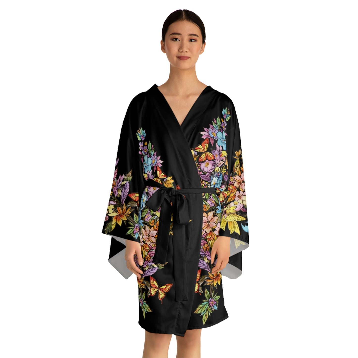Butterfly Cascading Flowers - Kimono Robe — Silk-Touch Mid-Length Tattooed Print