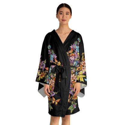 Butterfly Cascading Flowers - Kimono Robe — Silk-Touch Mid-Length Tattooed Print