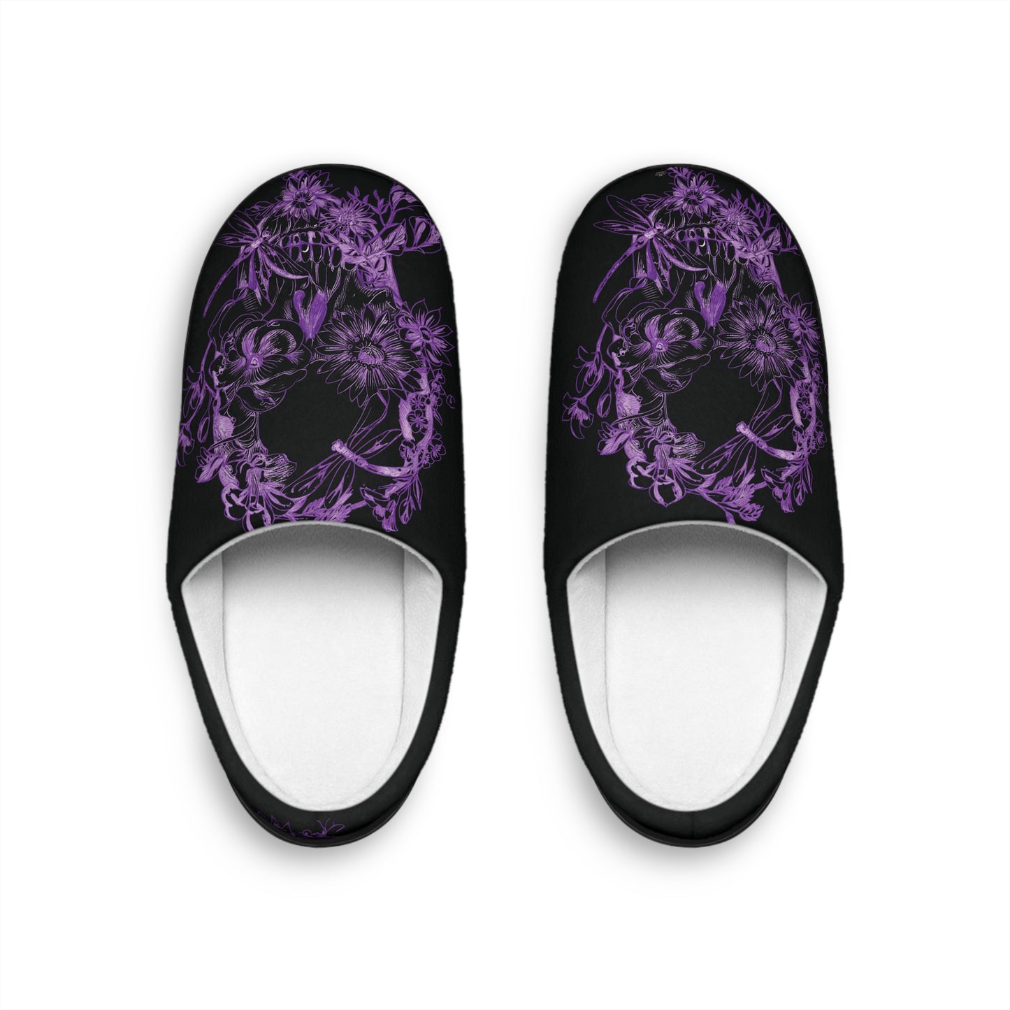 Floral Skull and Dragonfly Tattoo Art (Pink) - Black & Pink Comfy House Slippers