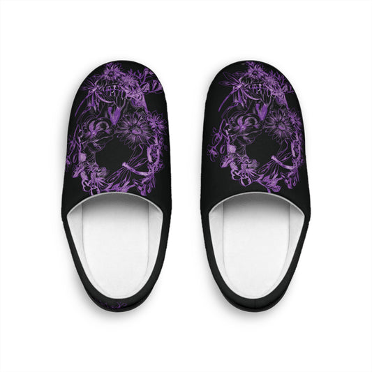 Floral Skull and Dragonfly Tattoo Art (Purple) - Black & Pink Comfy House Slippers