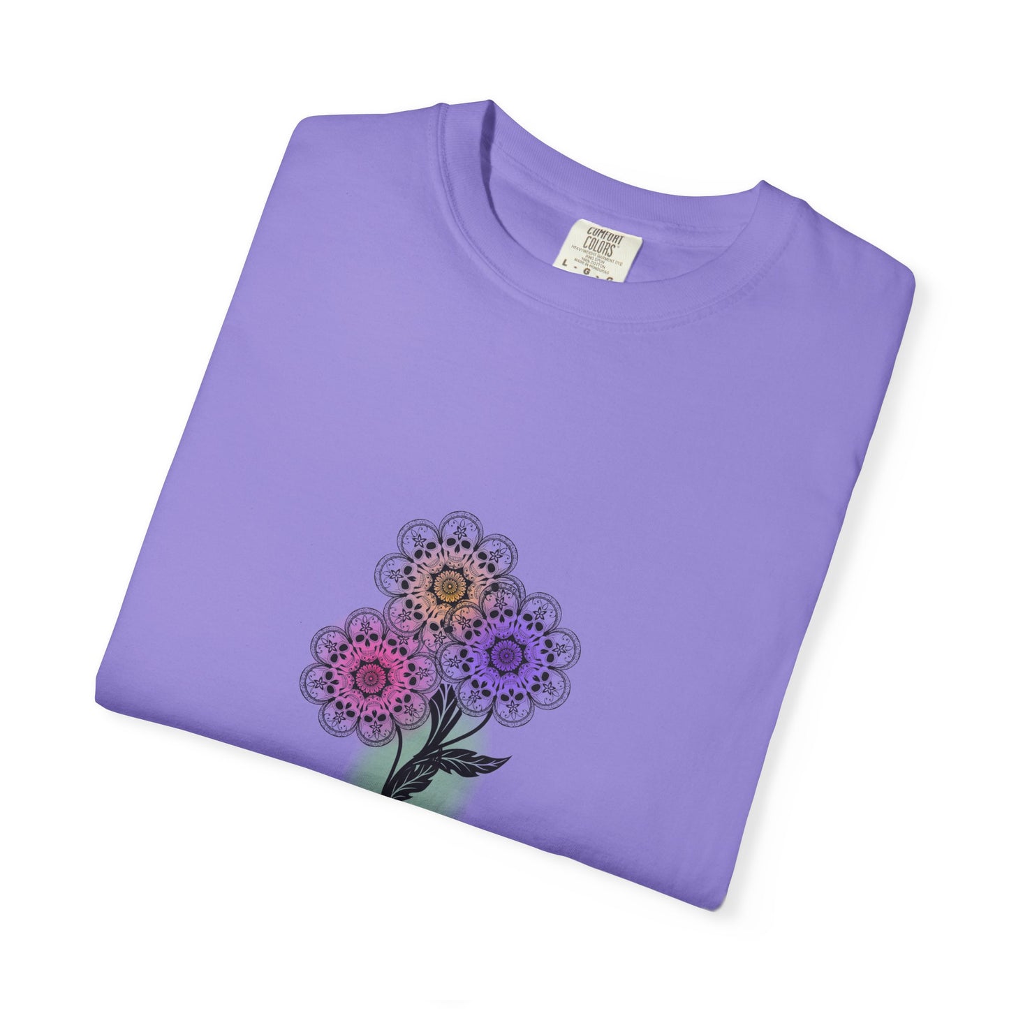 Skull Flower Mandela Trio - Unisex T-Shirt — Hand-Drawn Flower Bouquet & Sugar Skull Back Print