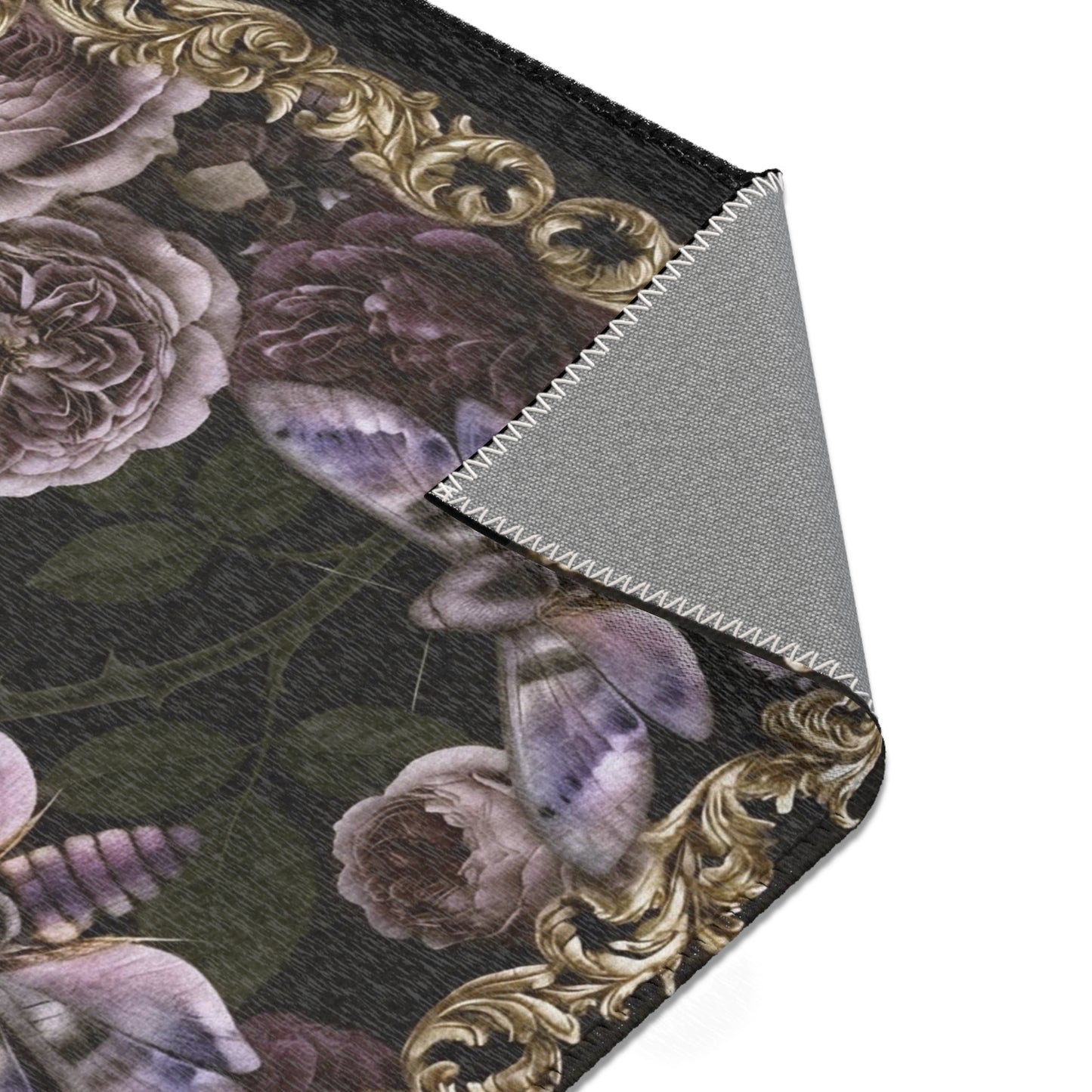 Vintage Floral Moth Area Rug — Dark Victorian Rose Accent Rug