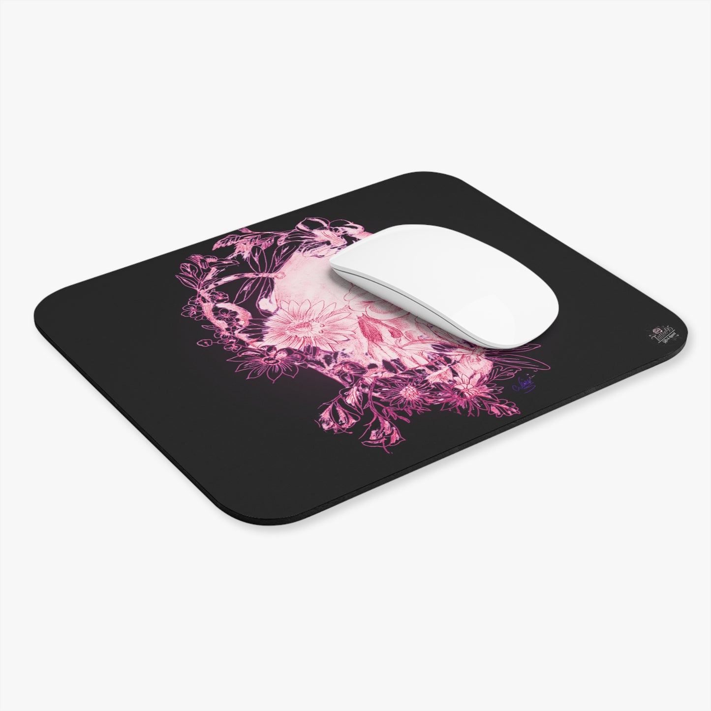 Floral Skull and Dragonfly Tattoo Art (Pink) - Mouse Pad — Elegant Purple & Black Desk Mat