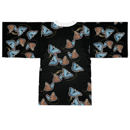 Blue Morphis Butterfly Kimono Robe — Silky Long-Sleeve Lounge & Party Wrap