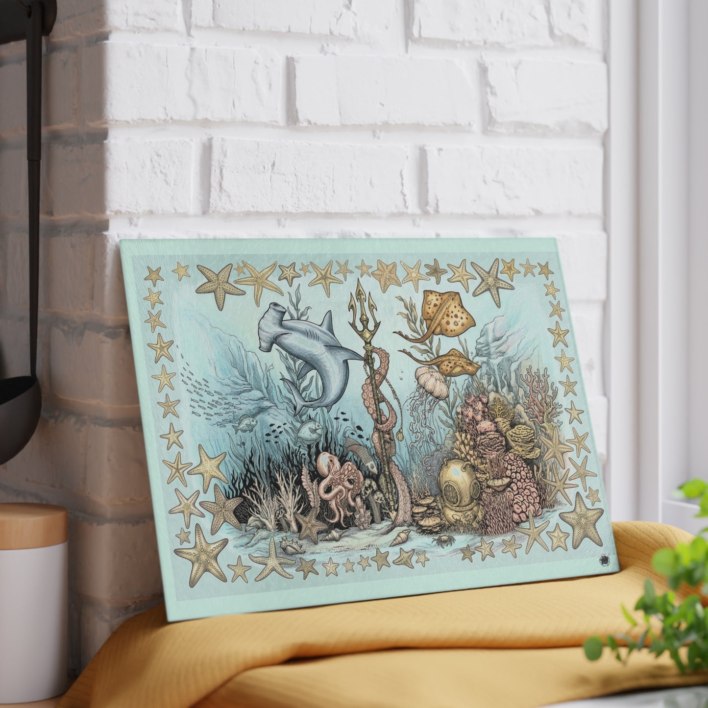 Ocean Tattoo Underwater Journey Glass Cutting Board (In Color)