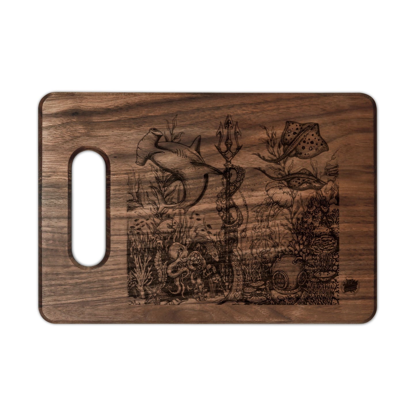 Engraved Ocean Tattoo Cutting Board — Underwater Journey Wood Paddle & Rectangular