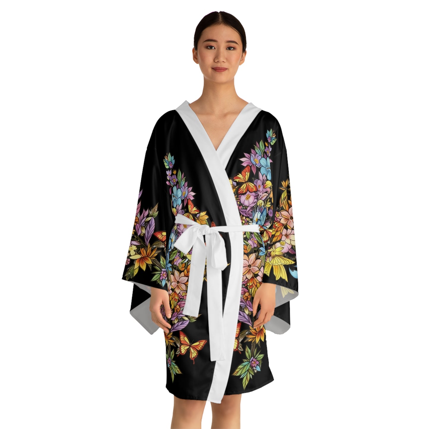 Butterfly Cascading Flowers - Kimono Robe — Silk-Touch Mid-Length Tattooed Print