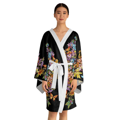Butterfly Cascading Flowers - Kimono Robe — Silk-Touch Mid-Length Tattooed Print