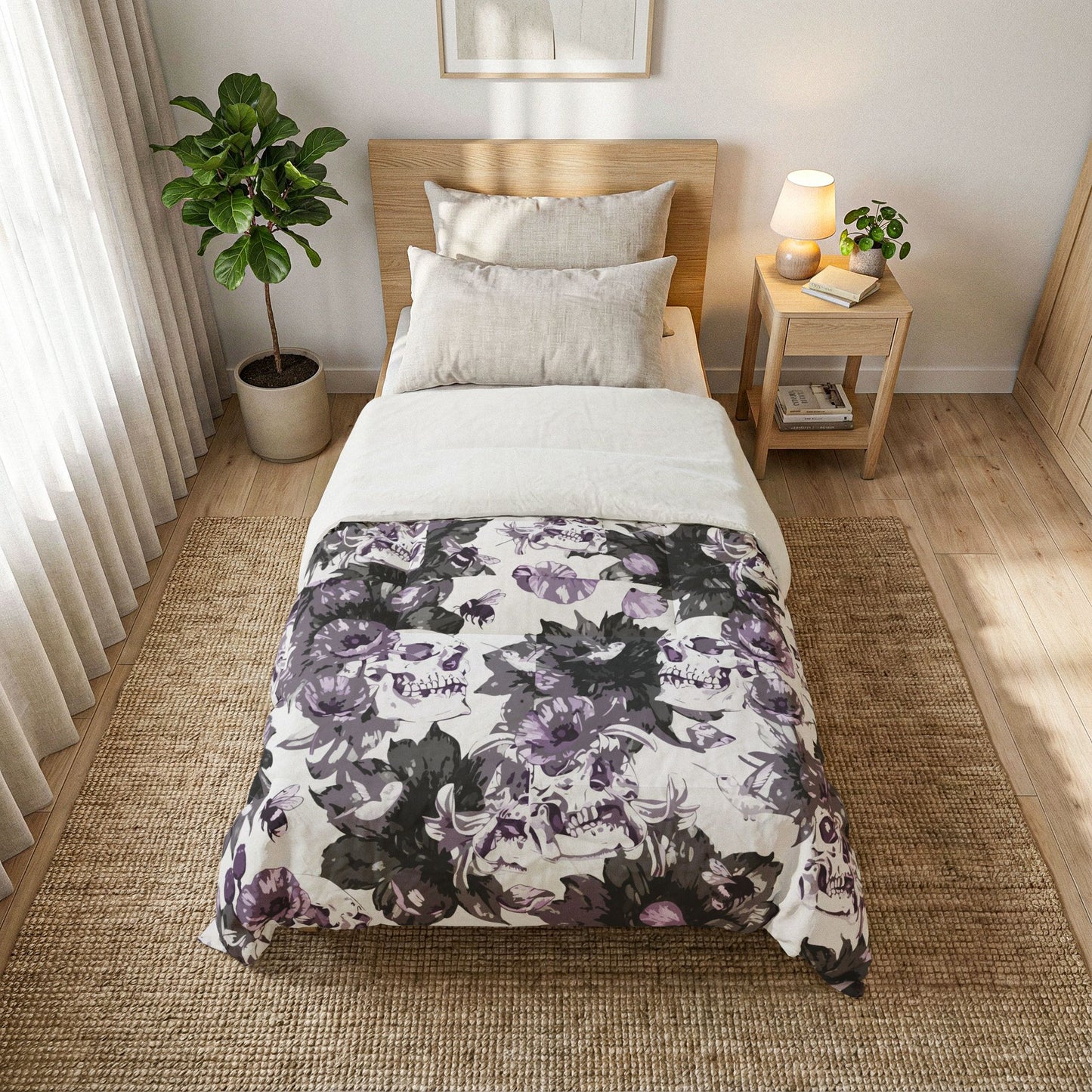Purple Floral Skull Cotton Comforter — Gothic Botanical Bedspread