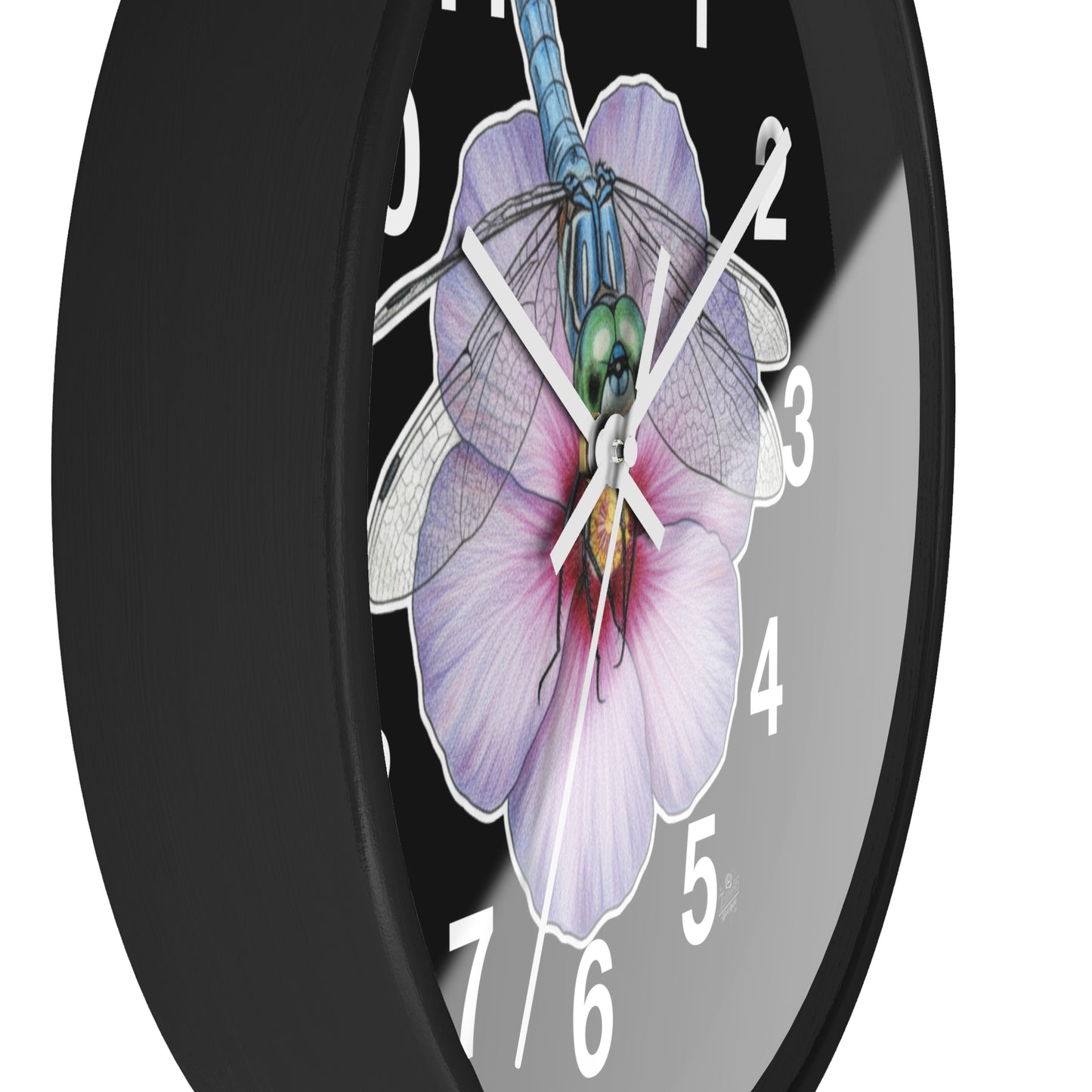 Dragonfly Hibiscus - Wall Clock — Black Background Silent 10" Clock