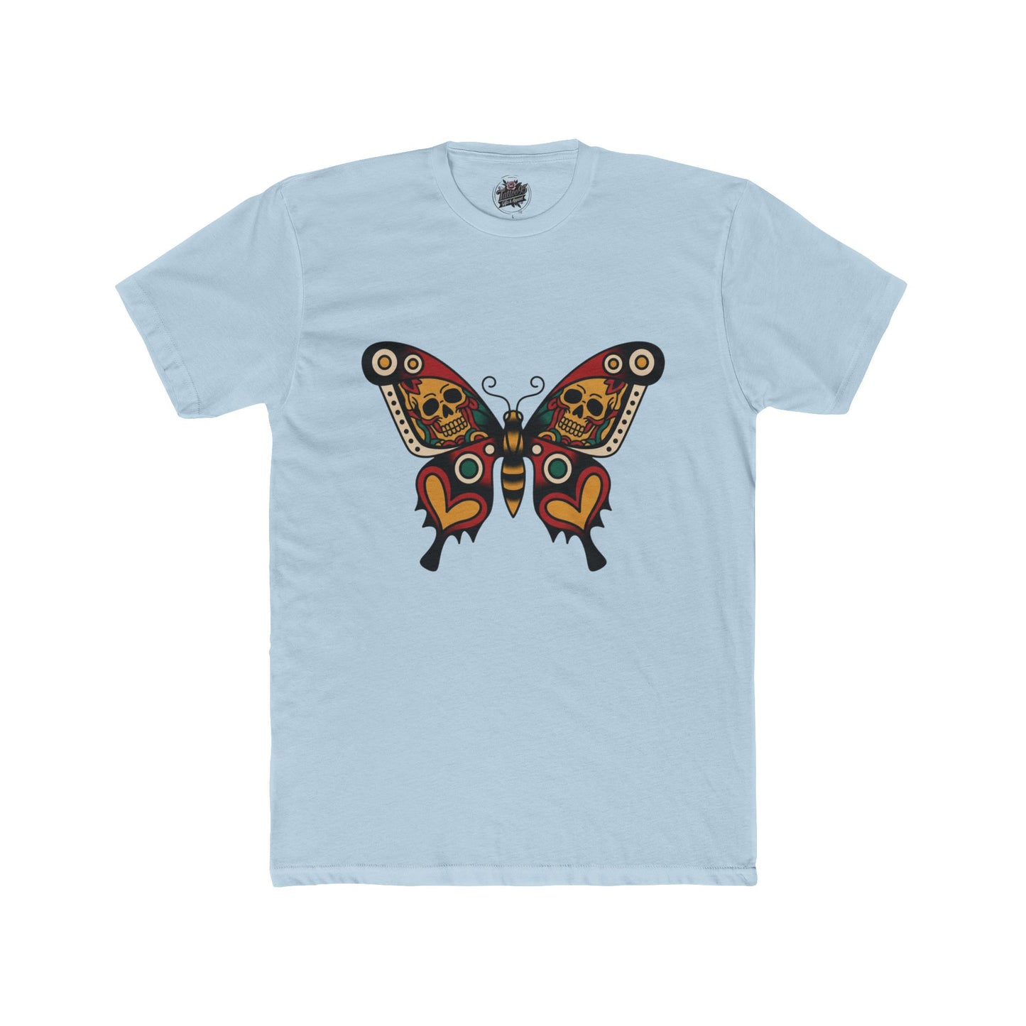 Moth & Skulls Crew Tee — Red Yellow & Green Graphic 'Quiet Promise' Cotton Tee