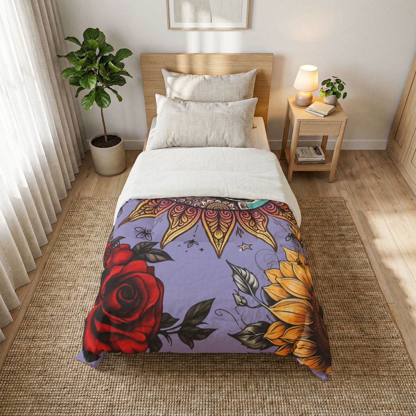 Sun Pittie with Sunflowers & Roses - Boho Floral Pet Portrait Cotton Comforter - Soft White Down Alternative Duvet