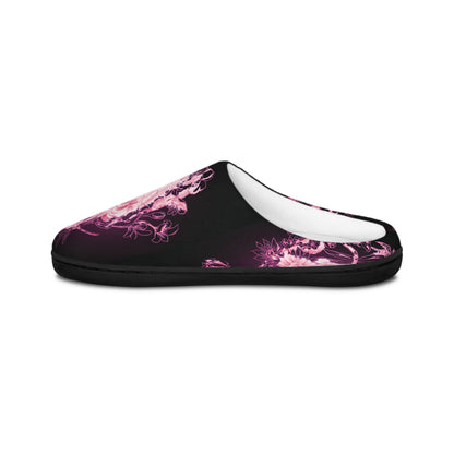 Floral Skull and Dragonfly Tattoo Art (Pink) - Black & Pink Comfy House Slippers