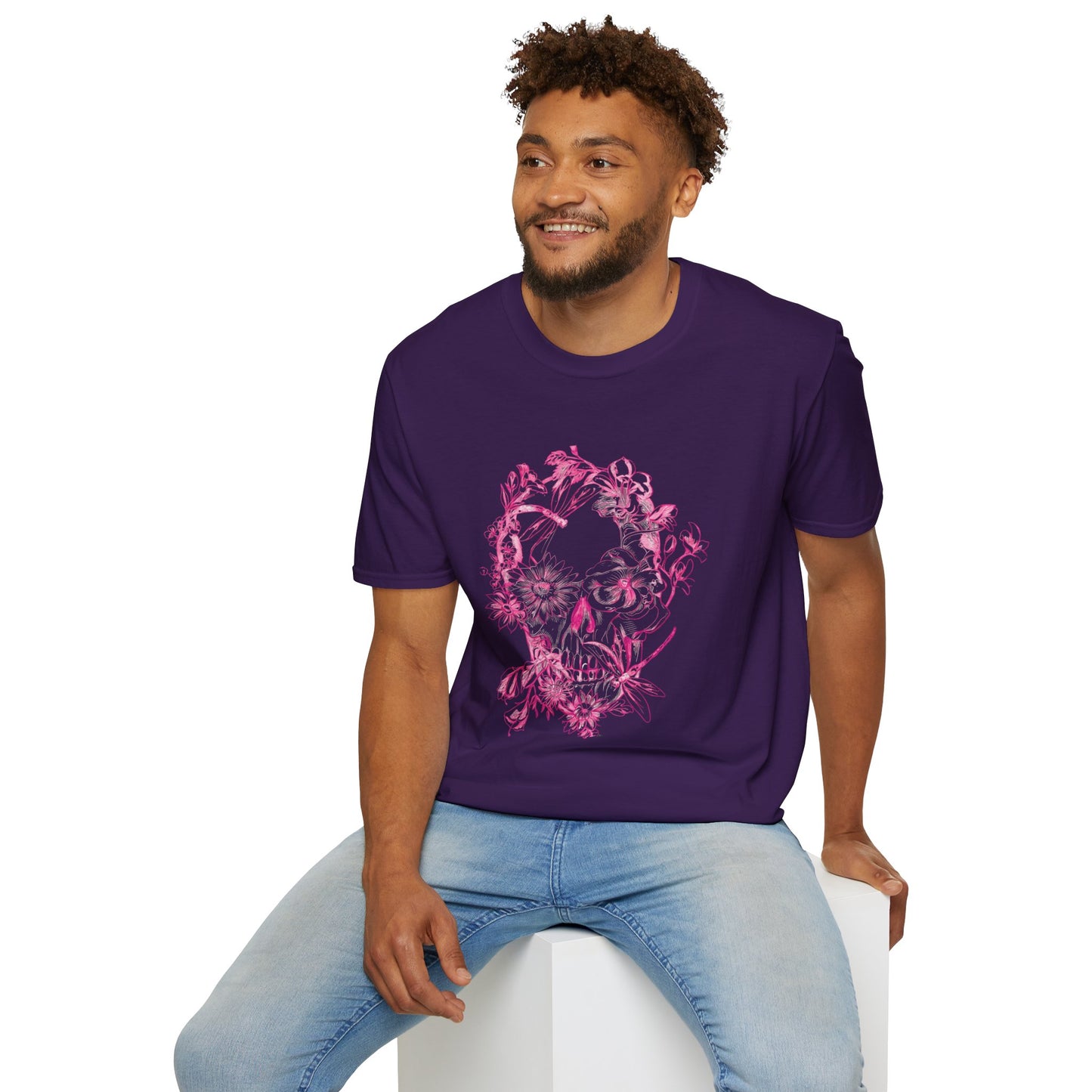Floral Skull and Dragonfly Tattoo Art (Pink) - Unisex Softstyle T-Shirt