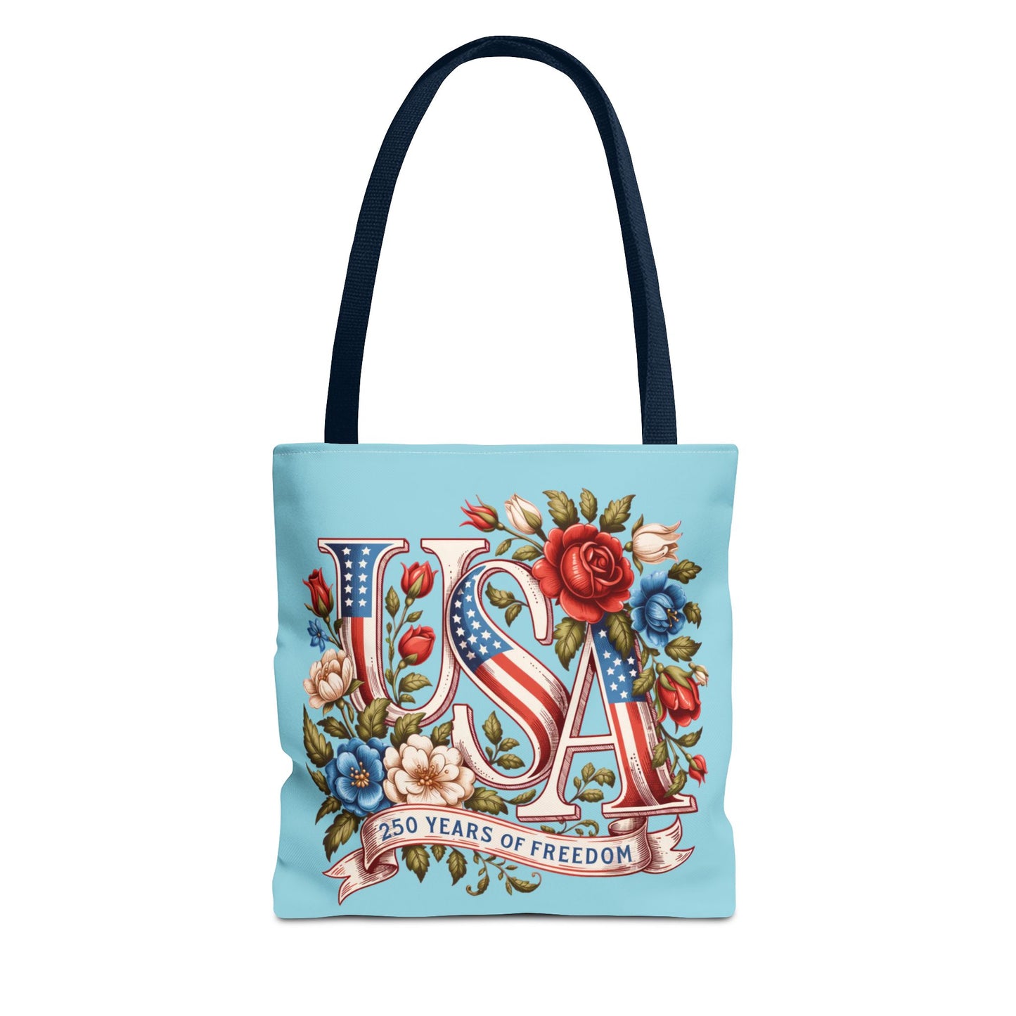 Floral USA -- Happy 250th Birthday America Tote Bag — Patriotic 4th of July Celebration Tote