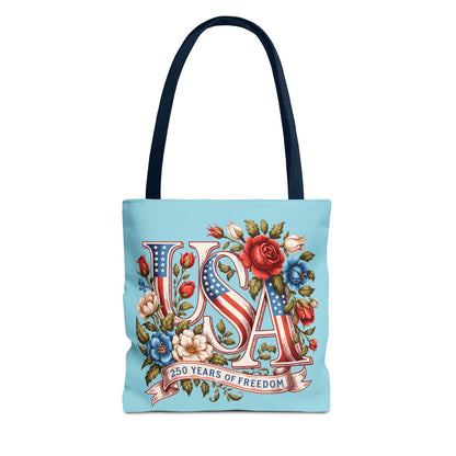 Floral USA -- Happy 250th Birthday America Tote Bag — Patriotic 4th of July Celebration Tote