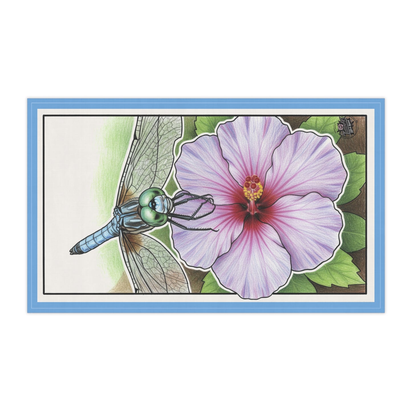 Dragonfly & Hibiscus Tea Towel — Vintage Botanical Sketch Kitchen Towel