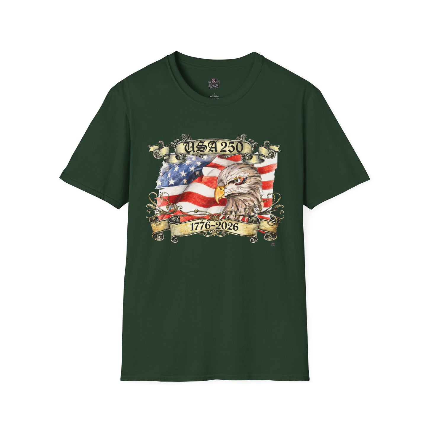 Eagle Tattoo T-Shirt with Flag & Lady Liberty – Happy 250th Birthday USA