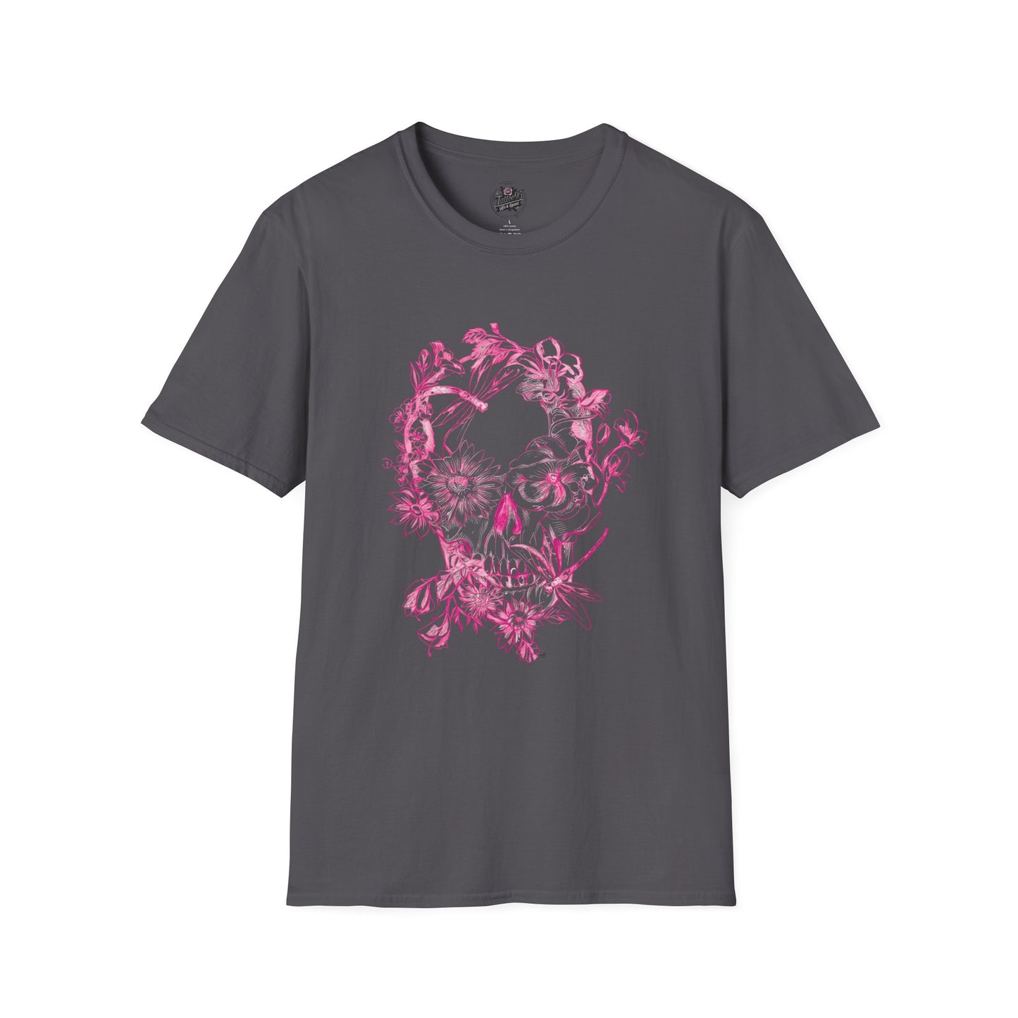 Floral Skull and Dragonfly Tattoo Art (Pink) - Unisex Softstyle T-Shirt