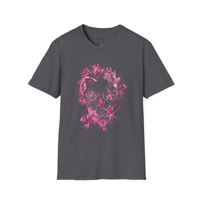 Floral Skull and Dragonfly Tattoo Art (Pink) - Unisex Softstyle T-Shirt