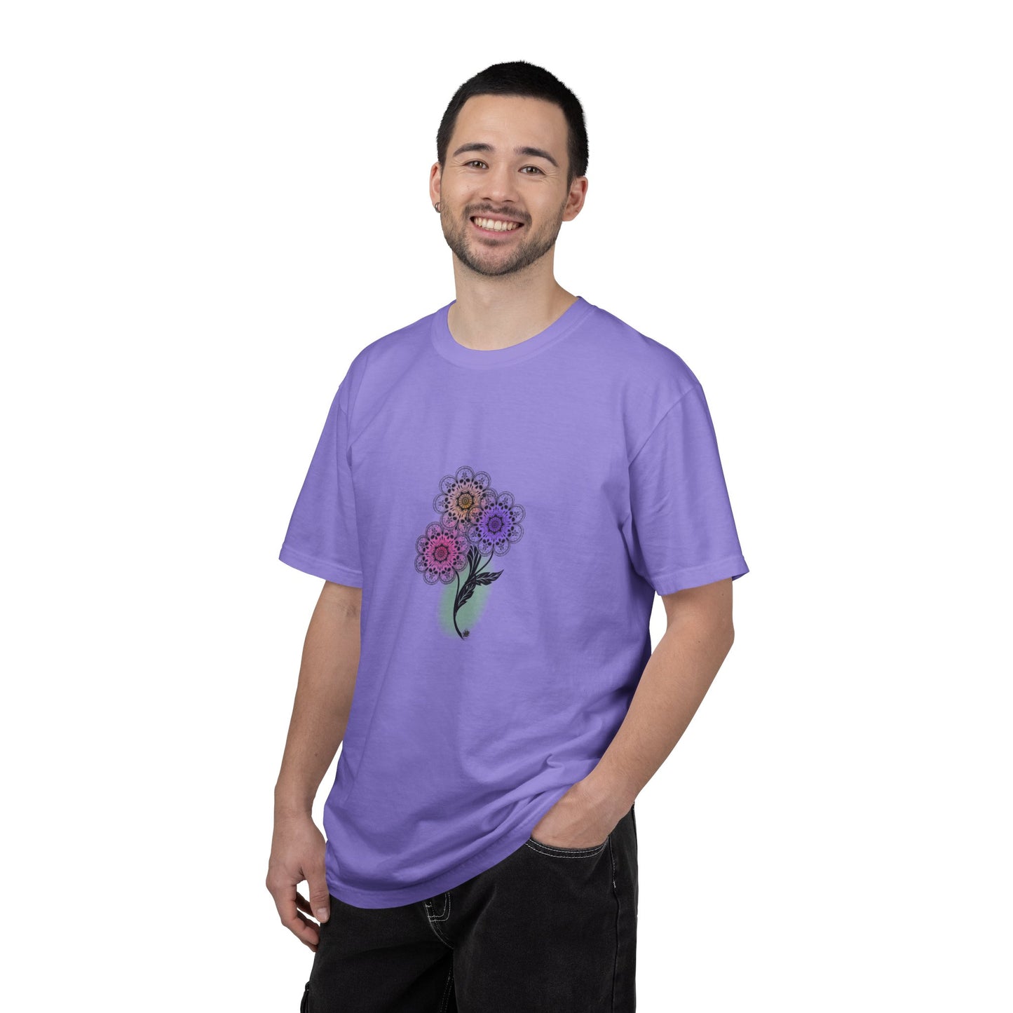 Skull Flower Mandela Trio - Unisex T-Shirt — Hand-Drawn Flower Bouquet & Sugar Skull Back Print