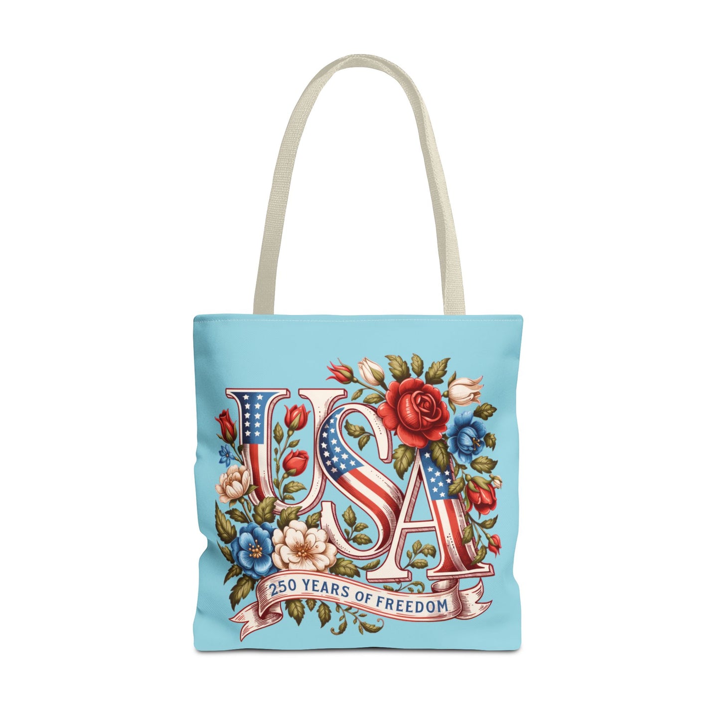 Floral USA -- Happy 250th Birthday America Tote Bag — Patriotic 4th of July Celebration Tote