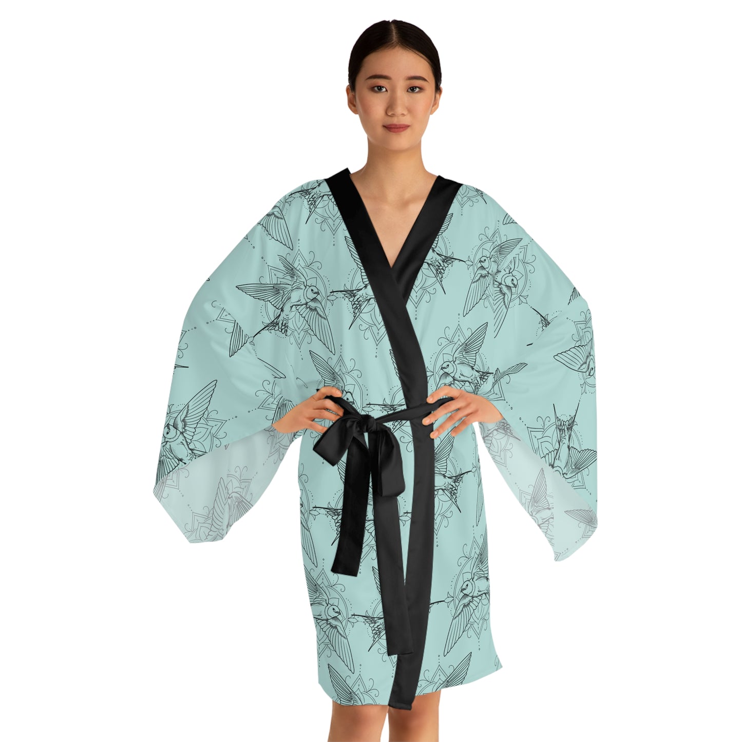 Swallow Bird Print Kimono Robe — Mid-Length Bell Sleeve Lounge & Evening Wrap