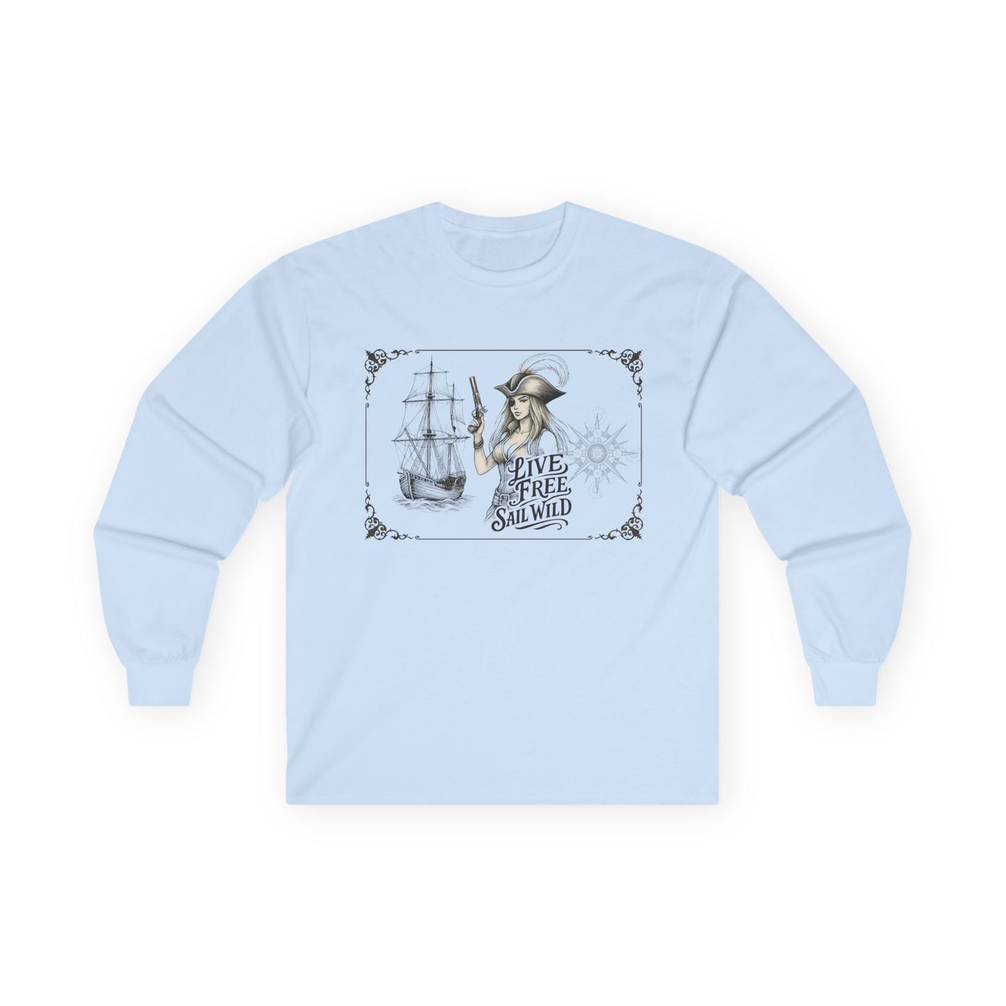 Live Free, Sail Wild Pirate Lady with Back Quote "I’m the Storm You Saw Coming" - Gildan Adult Long Sleeve Ultra Cotton T-Shirt