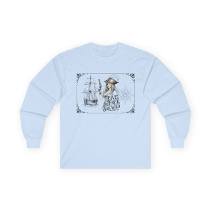 Live Free, Sail Wild Pirate Lady with Back Quote "I’m the Storm You Saw Coming" - Gildan Adult Long Sleeve Ultra Cotton T-Shirt