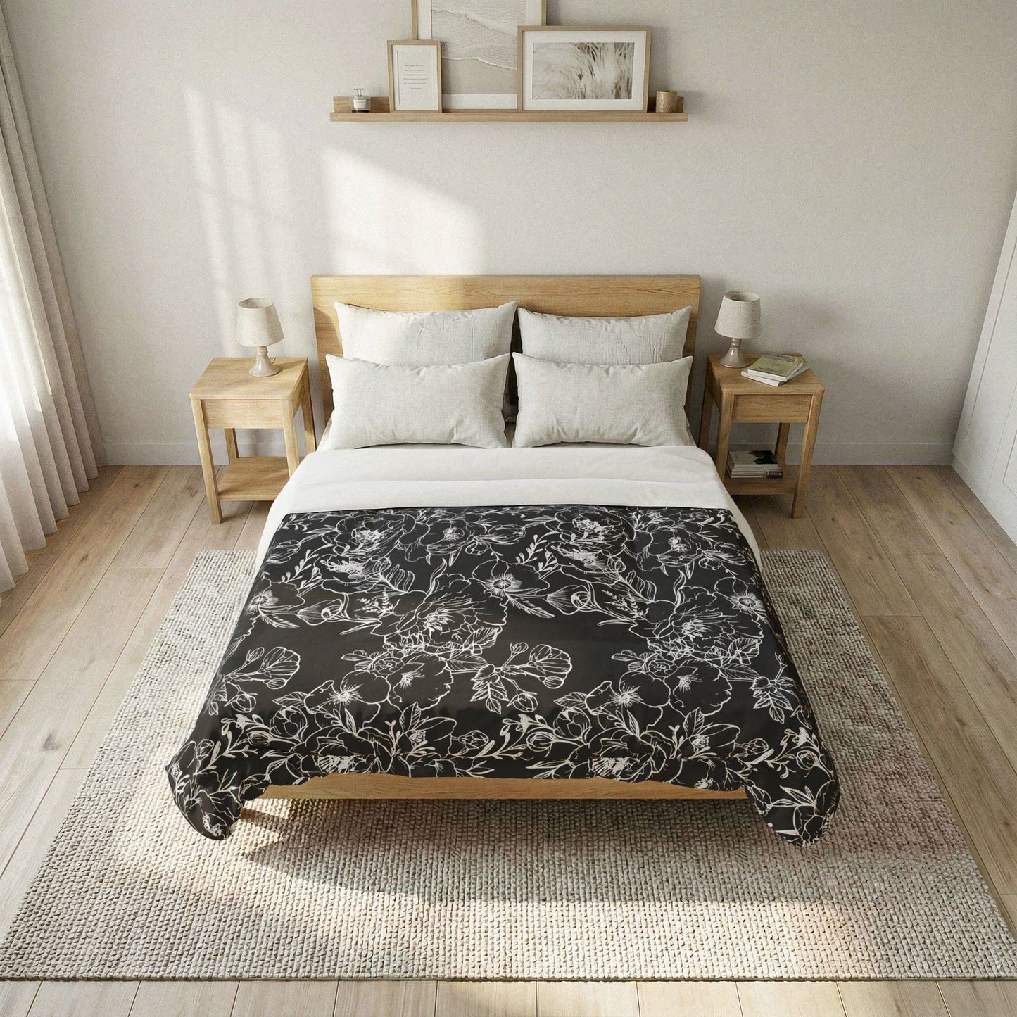 Peonies Tattoo Artwork (White) - on Black Cotton Comforter — Soft White Down Alternative Duvet Insert