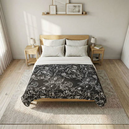 Peonies Tattoo Artwork (White) - on Black Cotton Comforter — Soft White Down Alternative Duvet Insert