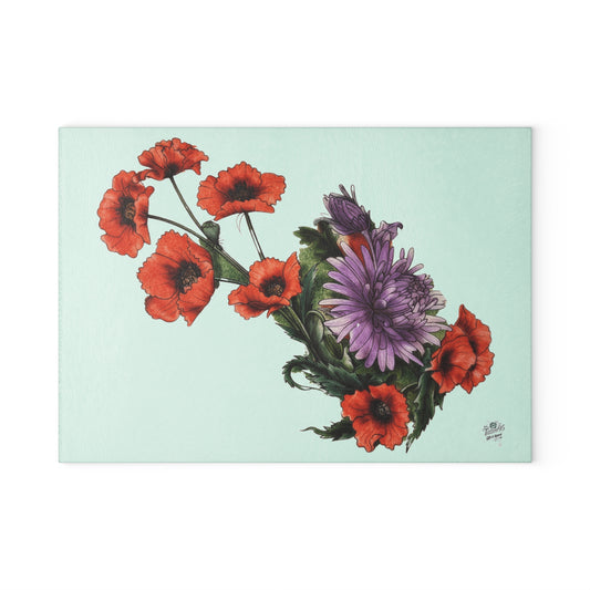 Red Poppy Purple Aster - Glass Cutting Board – Decorative Kitchen Chopping Board