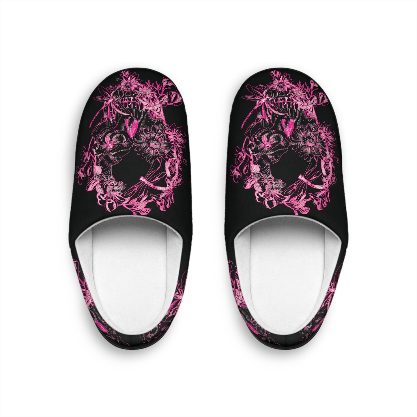 Floral Skull and Dragonfly Tattoo Art (Pink) - Black & Pink Comfy House Slippers