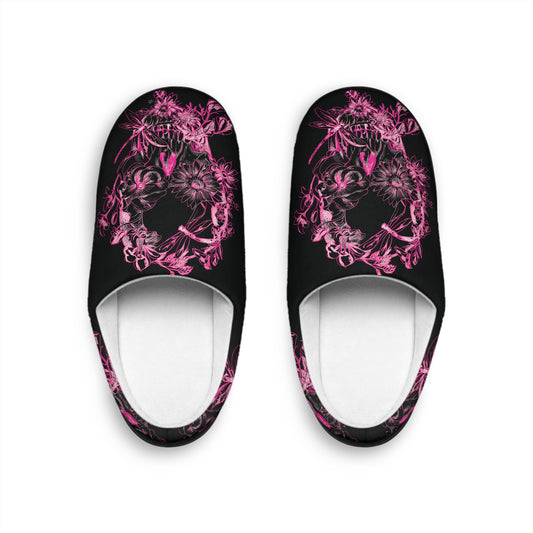 Floral Skull and Dragonfly Tattoo Art (Pink) - Black & Pink Comfy House Slippers