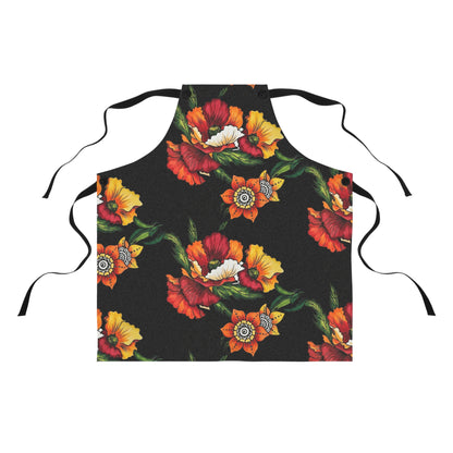 Orange & Red Poppy Flowers Original Tattoo Artwork - Black Apron
