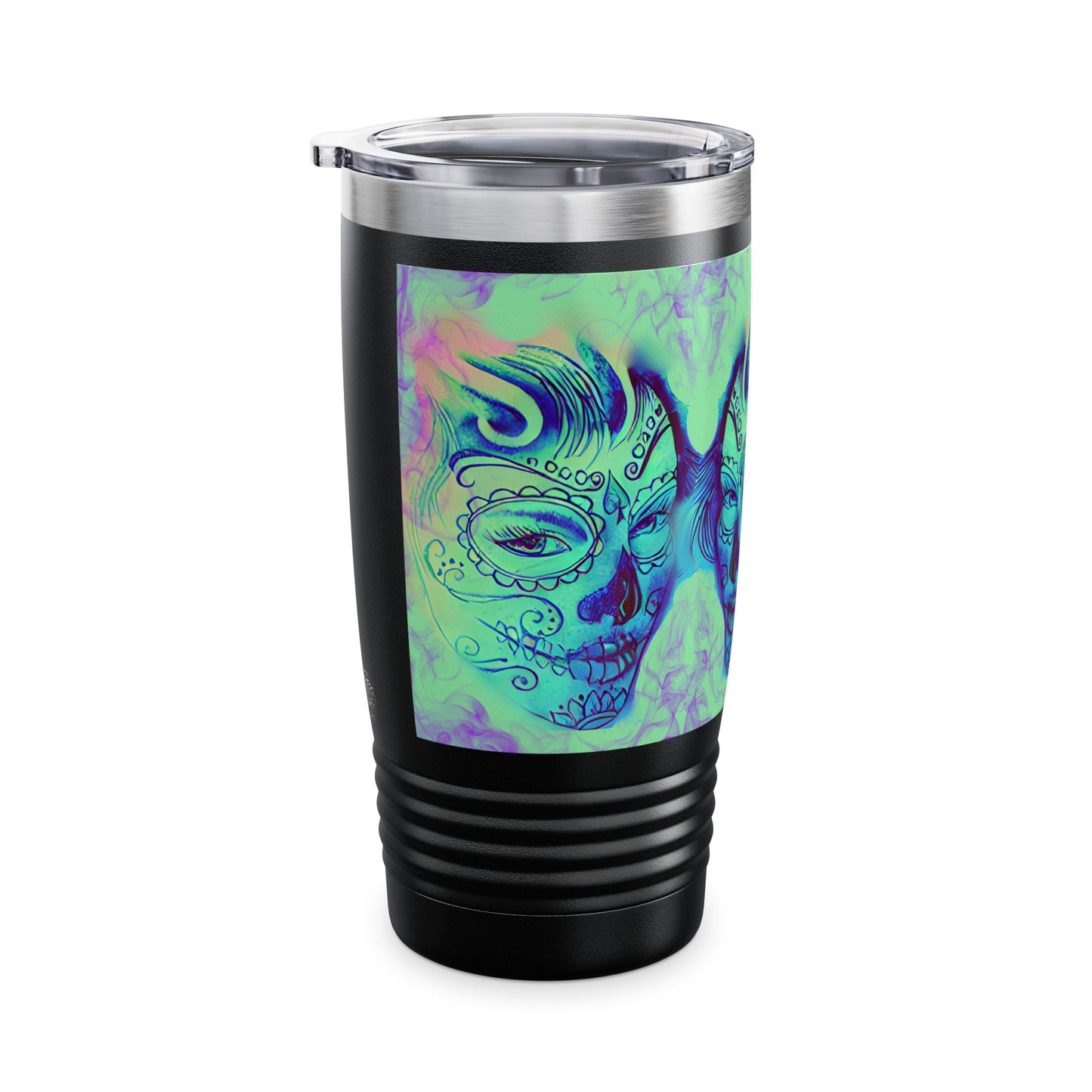 Black tumbler with a colorful skull design on a white background