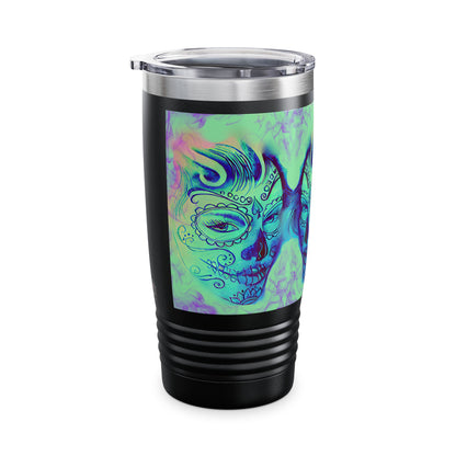 Black tumbler with a colorful skull design on a white background