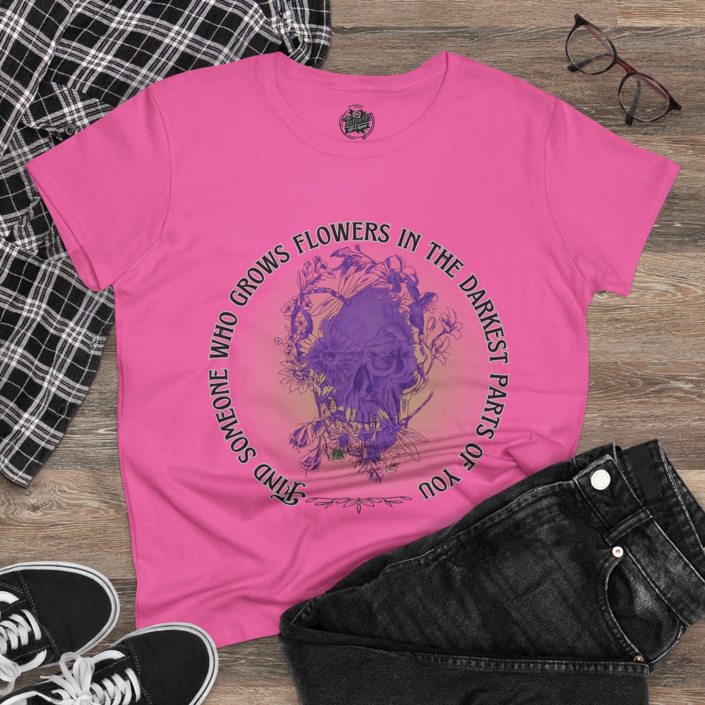 Floral Skull and Dragonfly Tattoo Art (Purple) Find Someone Who Grows Flowers In The Darkets Part of You Quote - Unisex TShirts