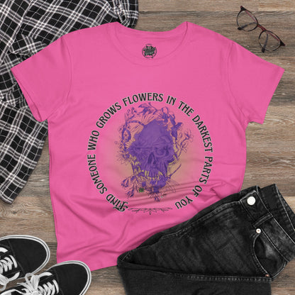 Floral Skull and Dragonfly Tattoo Art (Purple) Find Someone Who Grows Flowers In The Darkets Part of You Quote - Unisex TShirts