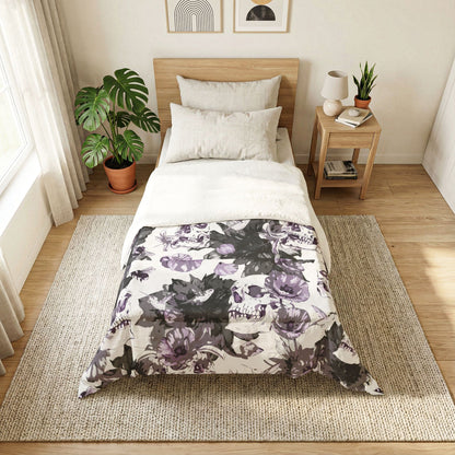Purple Floral Skull Cotton Comforter — Gothic Botanical Bedspread