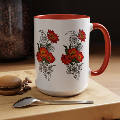 Orange & Red Poppy Flowers Original Tattoo Artwork - Coffee Mug (11oz & 15oz) Your choice of Interior & Handle choices