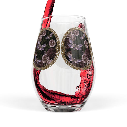 Purple Moths Vintage Floral Medallion Stemless Wine Glass — 11.75 oz