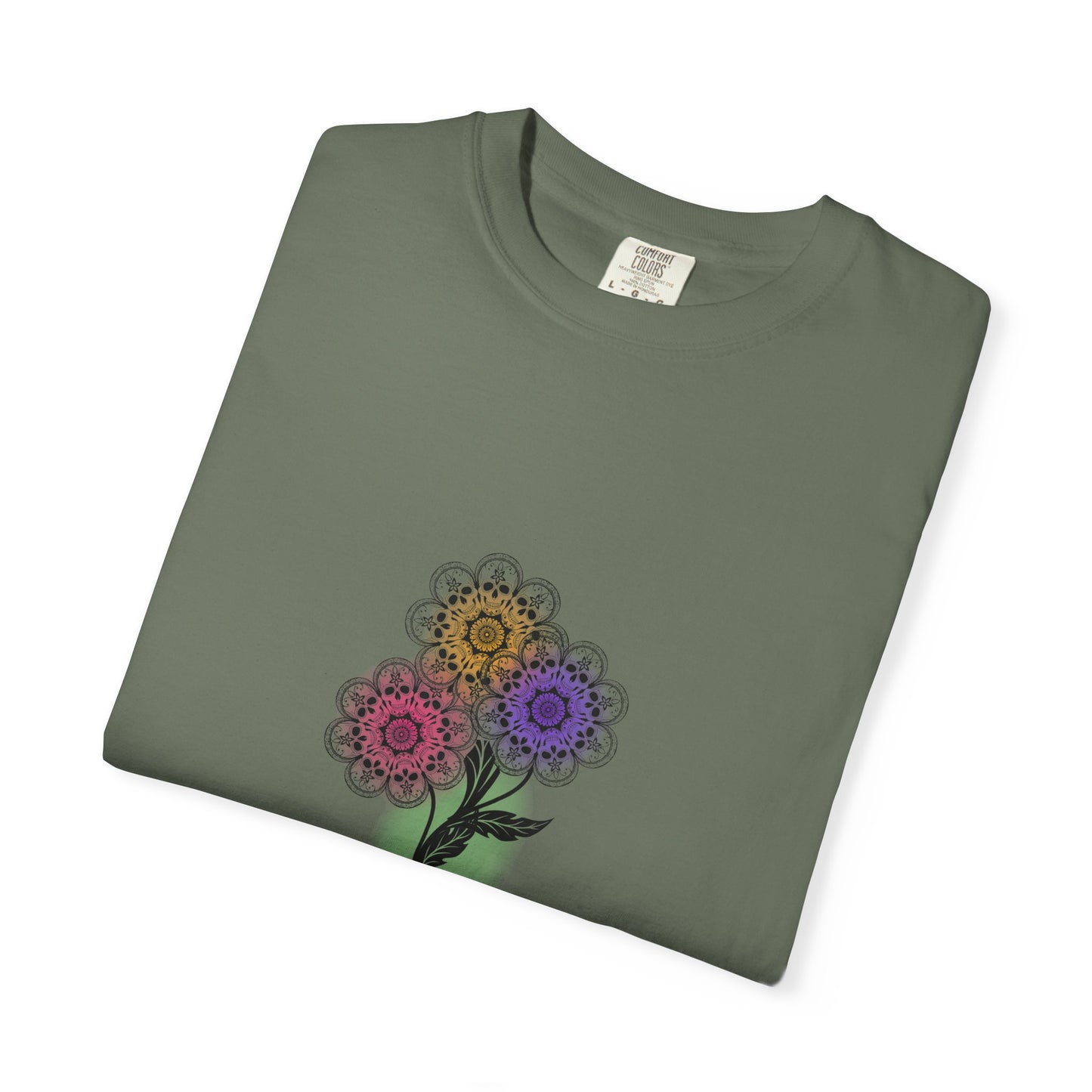 Skull Flower Mandela Trio - Unisex T-Shirt — Hand-Drawn Flower Bouquet & Sugar Skull Back Print
