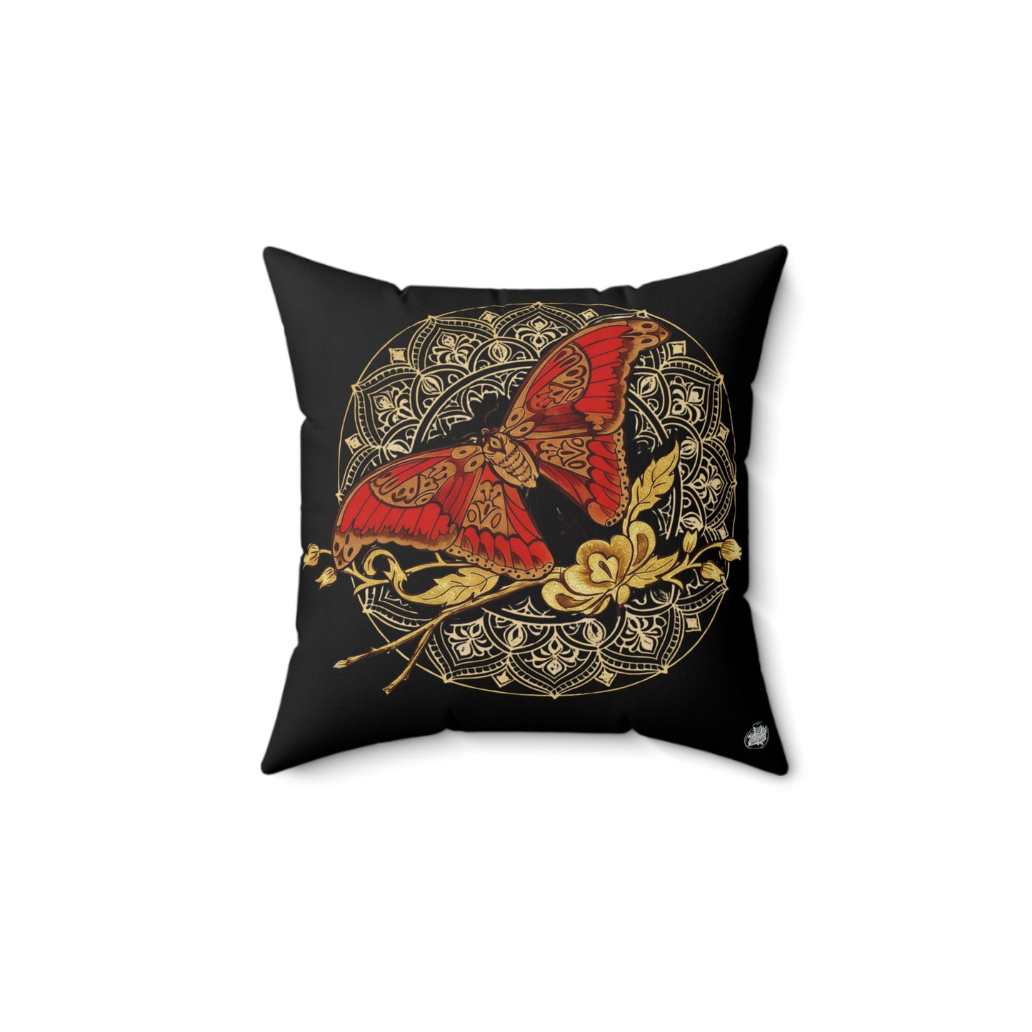 Red & Gold Moth Tattoo Pillow — Spun Polyester Decorative Black