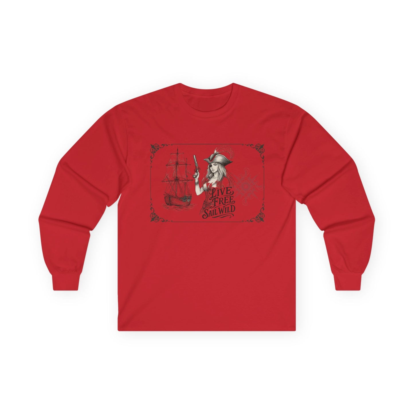 Live Free, Sail Wild Pirate Lady with Back Quote "I’m the Storm You Saw Coming" - Gildan Adult Long Sleeve Ultra Cotton T-Shirt